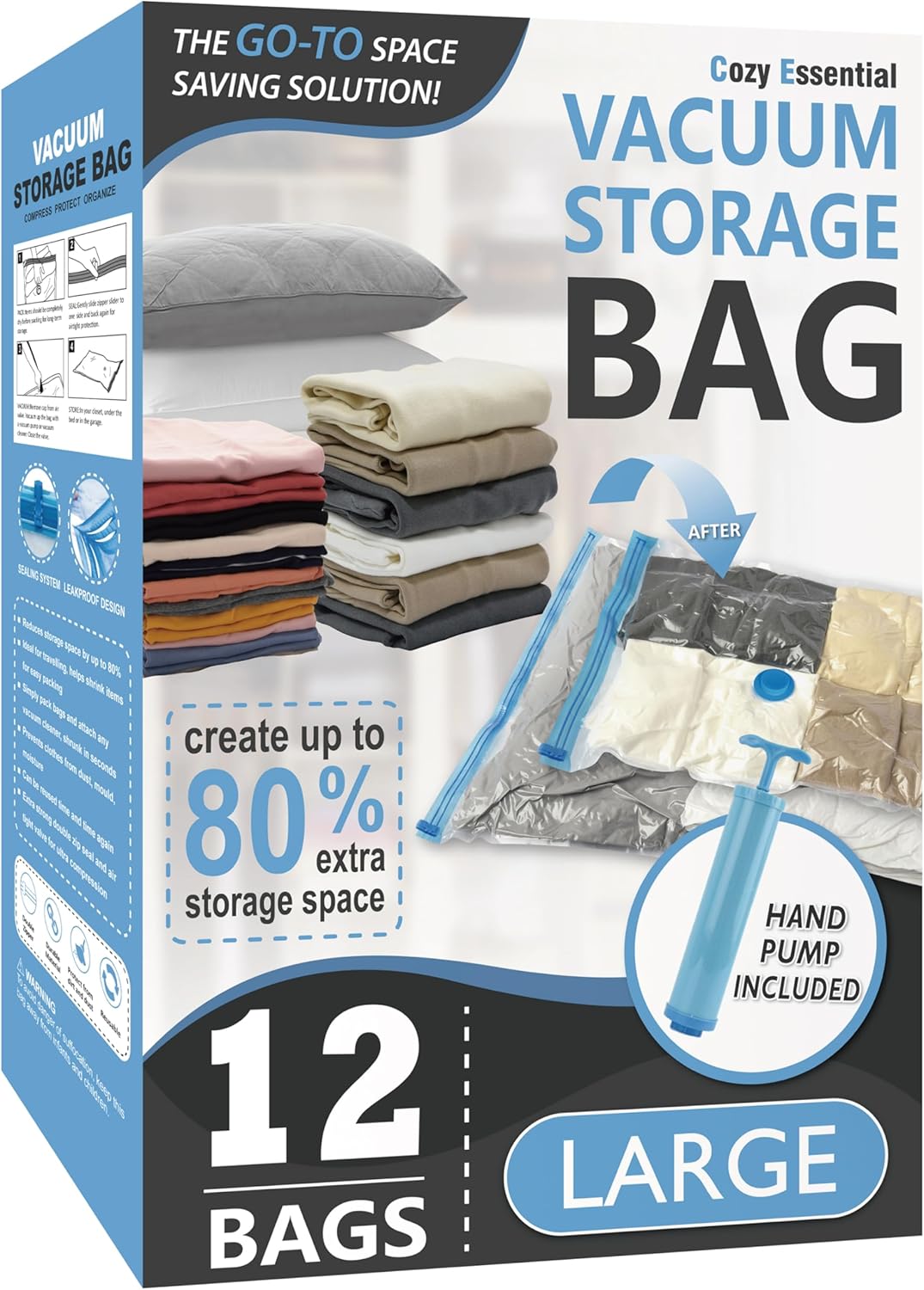 Vacuum Storage Bags, 80% Compression Vacuum Seal Space Saver Plastic Packaging Bags for Clothes, Blankets, Pillow, Bedding, Comforters, Sealer Clothing Storage,20 Combo