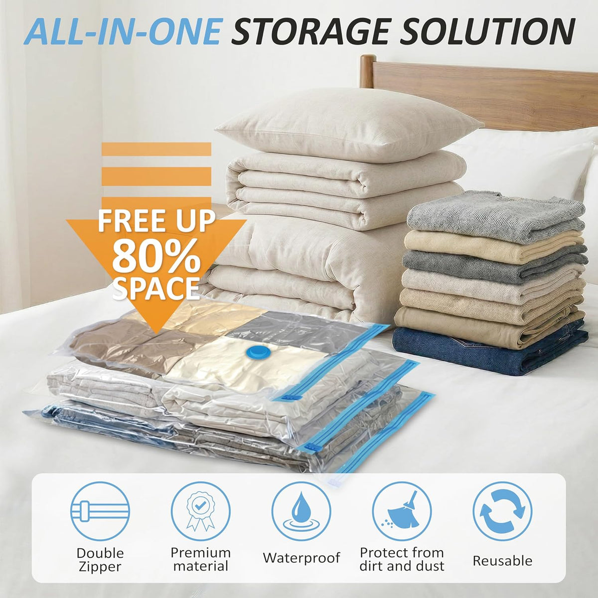 Vacuum Storage Bags, 80% Compression Vacuum Seal Space Saver Plastic Packaging Bags for Clothes, Blankets, Pillow, Bedding, Comforters, Sealer Clothing Storage,20 Combo