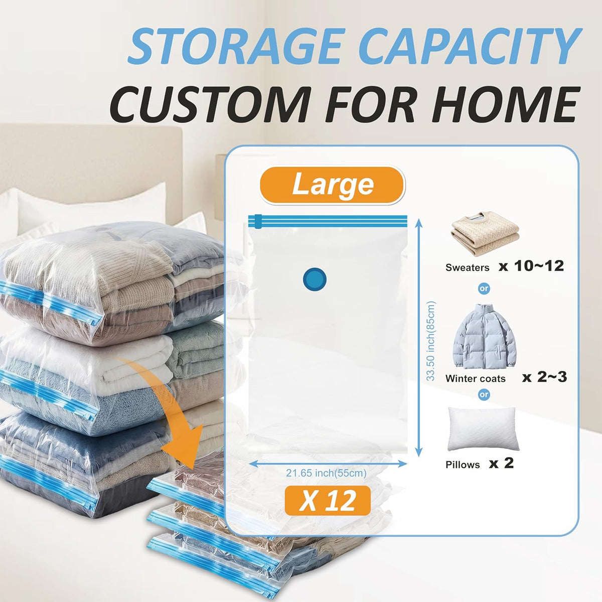 Vacuum Storage Bags, 80% Compression Vacuum Seal Space Saver Plastic Packaging Bags for Clothes, Blankets, Pillow, Bedding, Comforters, Sealer Clothing Storage,20 Combo