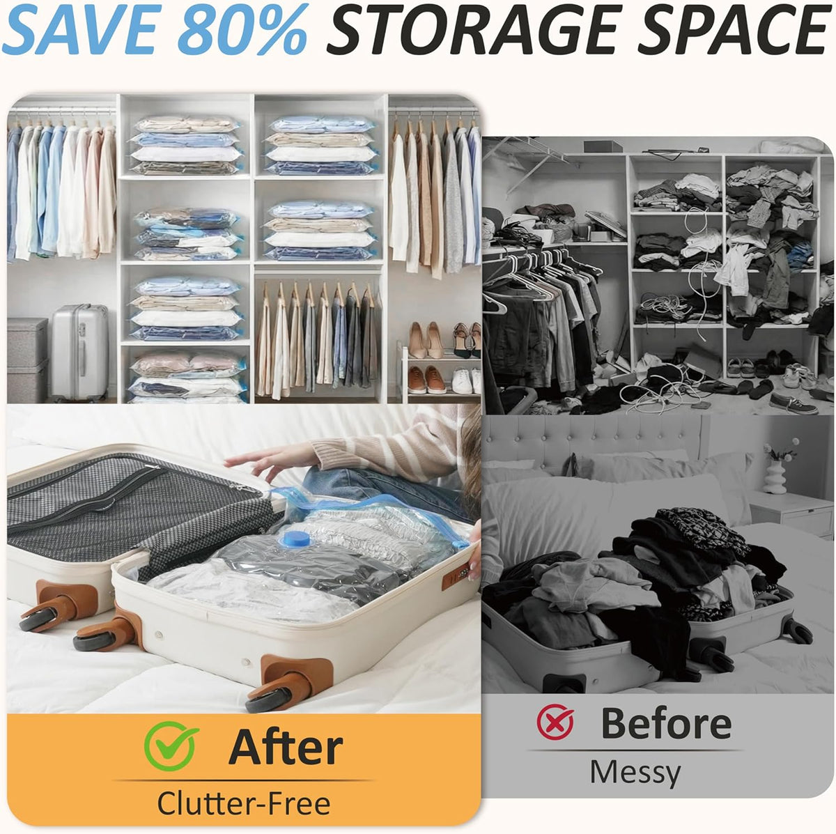 Vacuum Storage Bags, 80% Compression Vacuum Seal Space Saver Plastic Packaging Bags for Clothes, Blankets, Pillow, Bedding, Comforters, Sealer Clothing Storage,20 Combo