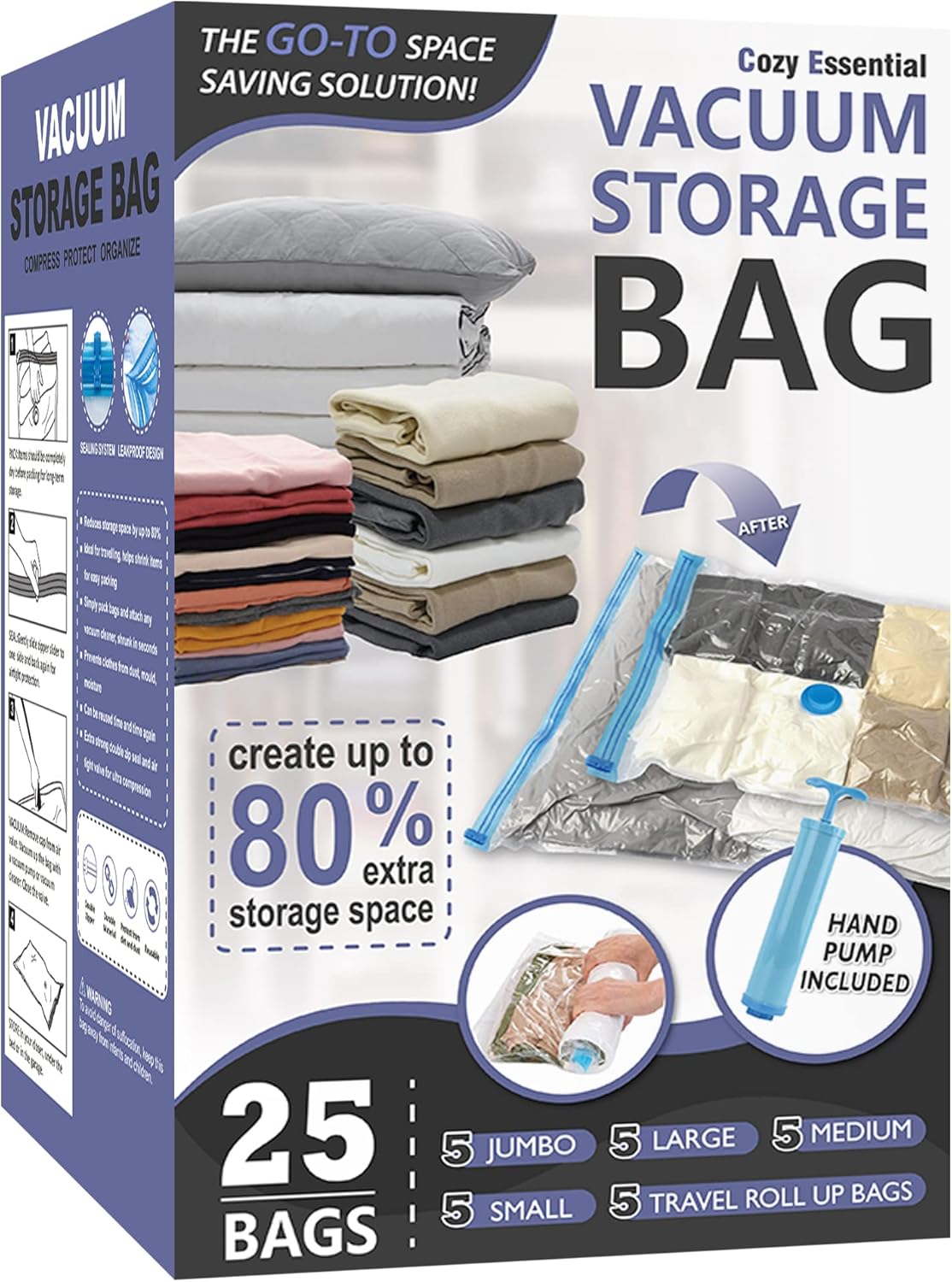 Vacuum Storage Bags, 80% Compression Vacuum Seal Space Saver Plastic Packaging Bags for Clothes, Blankets, Pillow, Bedding, Comforters, Sealer Clothing Storage,20 Combo