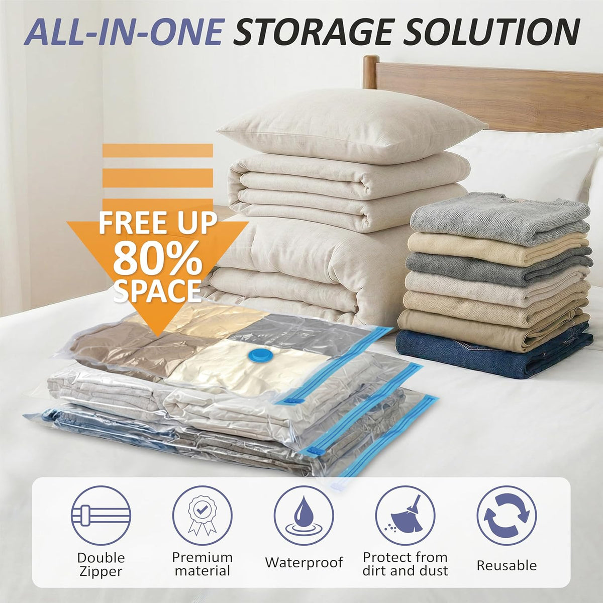 Vacuum Storage Bags, 80% Compression Vacuum Seal Space Saver Plastic Packaging Bags for Clothes, Blankets, Pillow, Bedding, Comforters, Sealer Clothing Storage,20 Combo