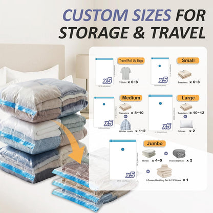 Vacuum Storage Bags, 80% Compression Vacuum Seal Space Saver Plastic Packaging Bags for Clothes, Blankets, Pillow, Bedding, Comforters, Sealer Clothing Storage,20 Combo