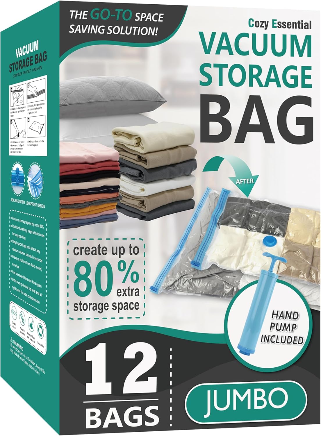 Vacuum Storage Bags, 80% Compression Vacuum Seal Space Saver Plastic Packaging Bags for Clothes, Blankets, Pillow, Bedding, Comforters, Sealer Clothing Storage,20 Combo