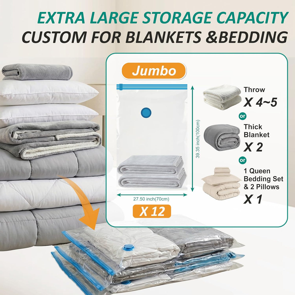 Vacuum Storage Bags, 80% Compression Vacuum Seal Space Saver Plastic Packaging Bags for Clothes, Blankets, Pillow, Bedding, Comforters, Sealer Clothing Storage,20 Combo
