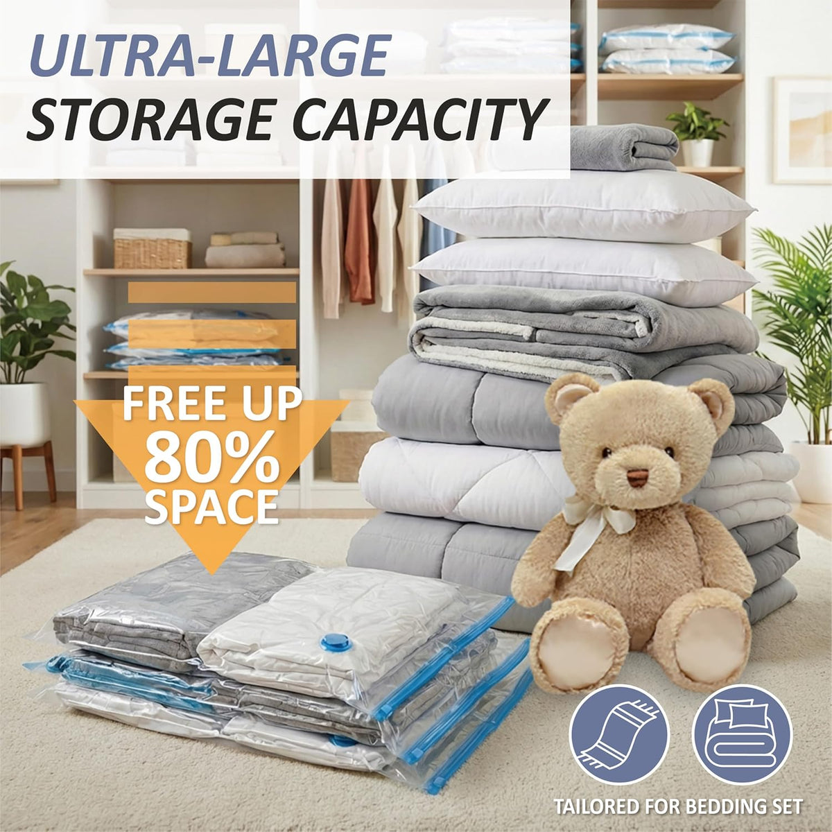 Vacuum Storage Bags, 80% Compression Vacuum Seal Space Saver Plastic Packaging Bags for Clothes, Blankets, Pillow, Bedding, Comforters, Sealer Clothing Storage,20 Combo