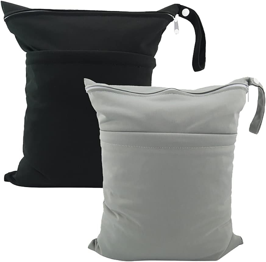 2 Pcs Wet Dry Bags for Baby Cloth Diapers Mommy Bags Waterproof Reusable with Two Zippered Pockets Yoga Gym Bag for Swimsuits or Wet Clothes