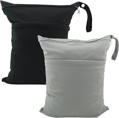 2 Pcs Wet Dry Bags for Baby Cloth Diapers Mommy Bags Waterproof Reusable with Two Zippered Pockets Yoga Gym Bag for Swimsuits or Wet Clothes