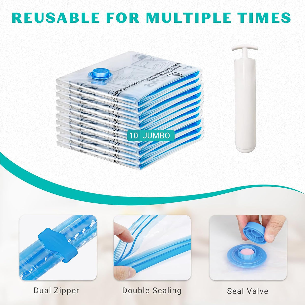 10 Pack Space Saver Vacuum Storage Bags Travel Vacuum Bags for Luggage Clothing Compression Bags for Travel Essentials No Vacuum or Pump Needed