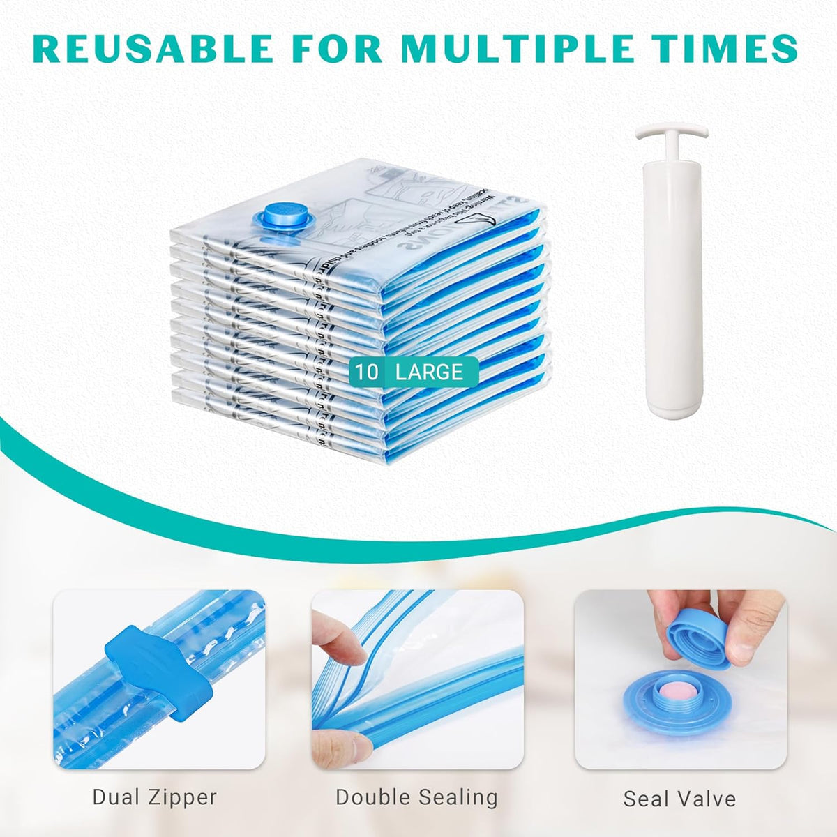 10 Pack Space Saver Vacuum Storage Bags Travel Vacuum Bags for Luggage Clothing Compression Bags for Travel Essentials No Vacuum or Pump Needed