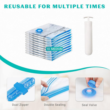 10 Pack Space Saver Vacuum Storage Bags Travel Vacuum Bags for Luggage Clothing Compression Bags for Travel Essentials No Vacuum or Pump Needed