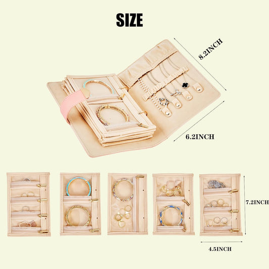 Travel Jewelry Case,Jewelry Travel Organizer with 5 Velvet Jewelry Zippered Pouch for Earrings Rings Necklaces Bracelets Birthday Valentines Day Gifts for Women Girls (White)