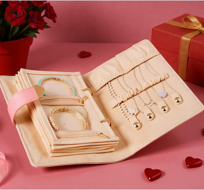Travel Jewelry Case,Jewelry Travel Organizer with 5 Velvet Jewelry Zippered Pouch for Earrings Rings Necklaces Bracelets Birthday Valentines Day Gifts for Women Girls (White)