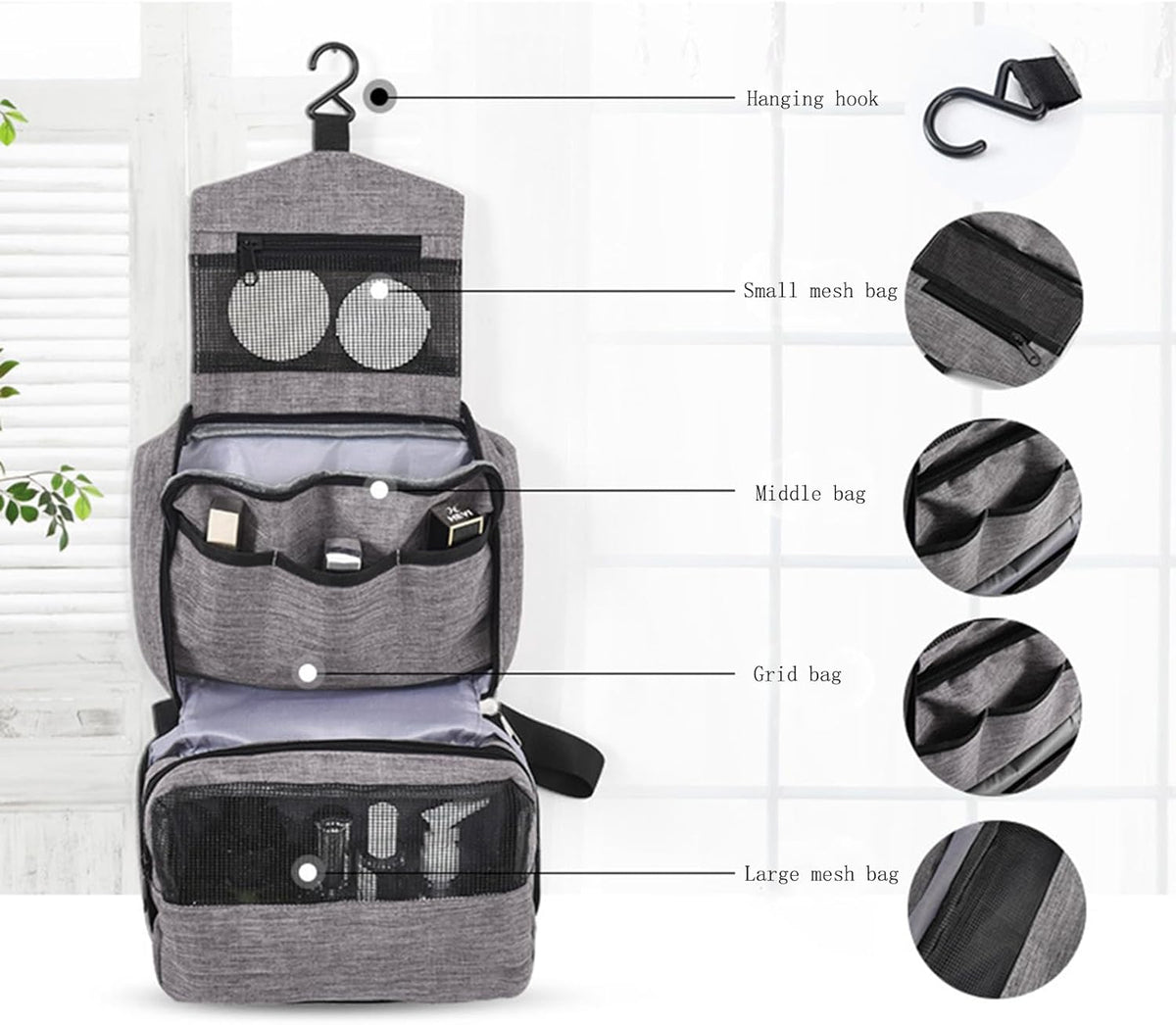 is used to store toiletries, Suitable for short-term travel use hanging toilet bag (Gray)