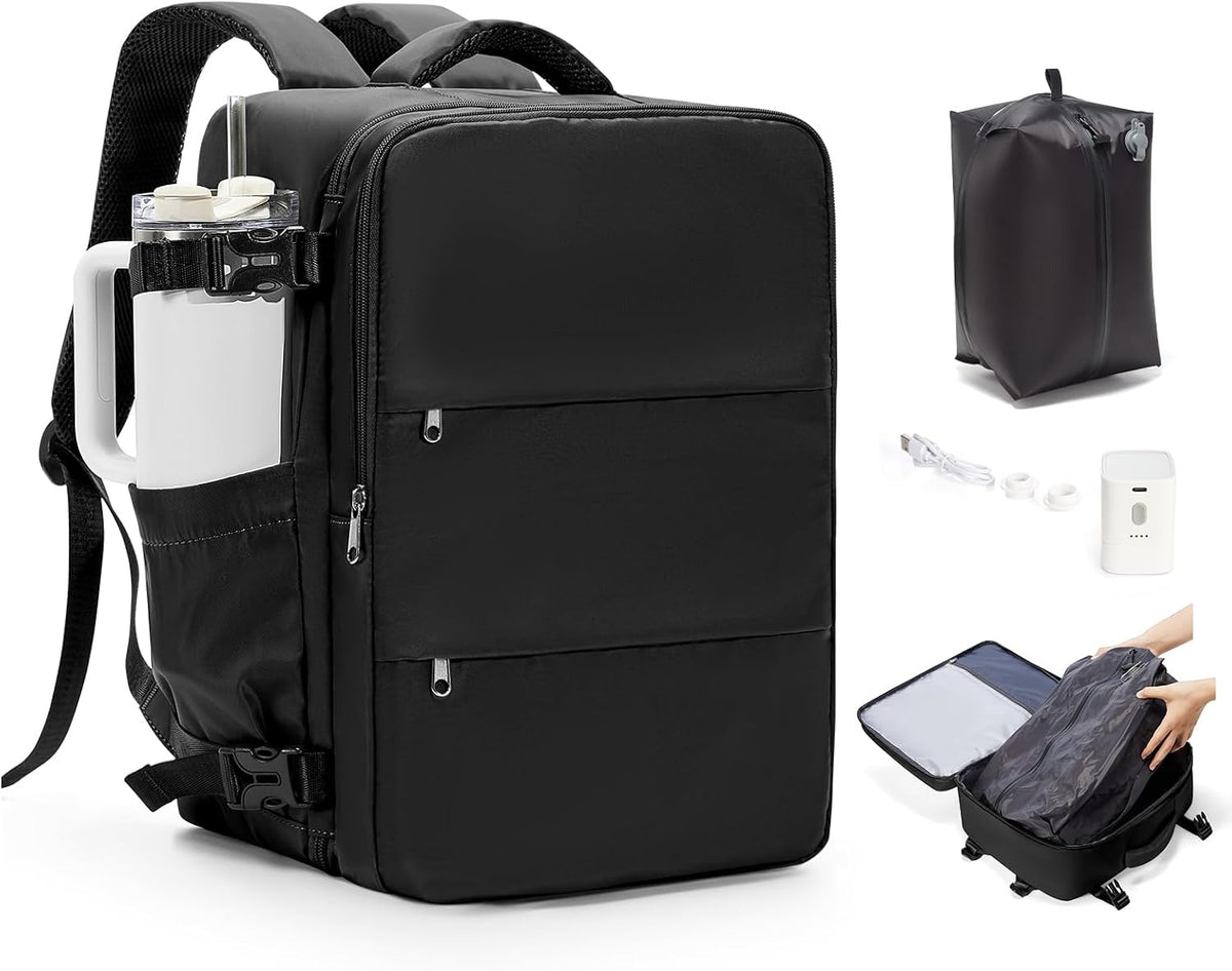 Travel Backpack for Women Men with Compression Vacuum Storage Bag & Electric Pump, Flight Approved Carry On Backpack, Frontier Spirit Airlines Personal Item Bag 18x14x8, Black