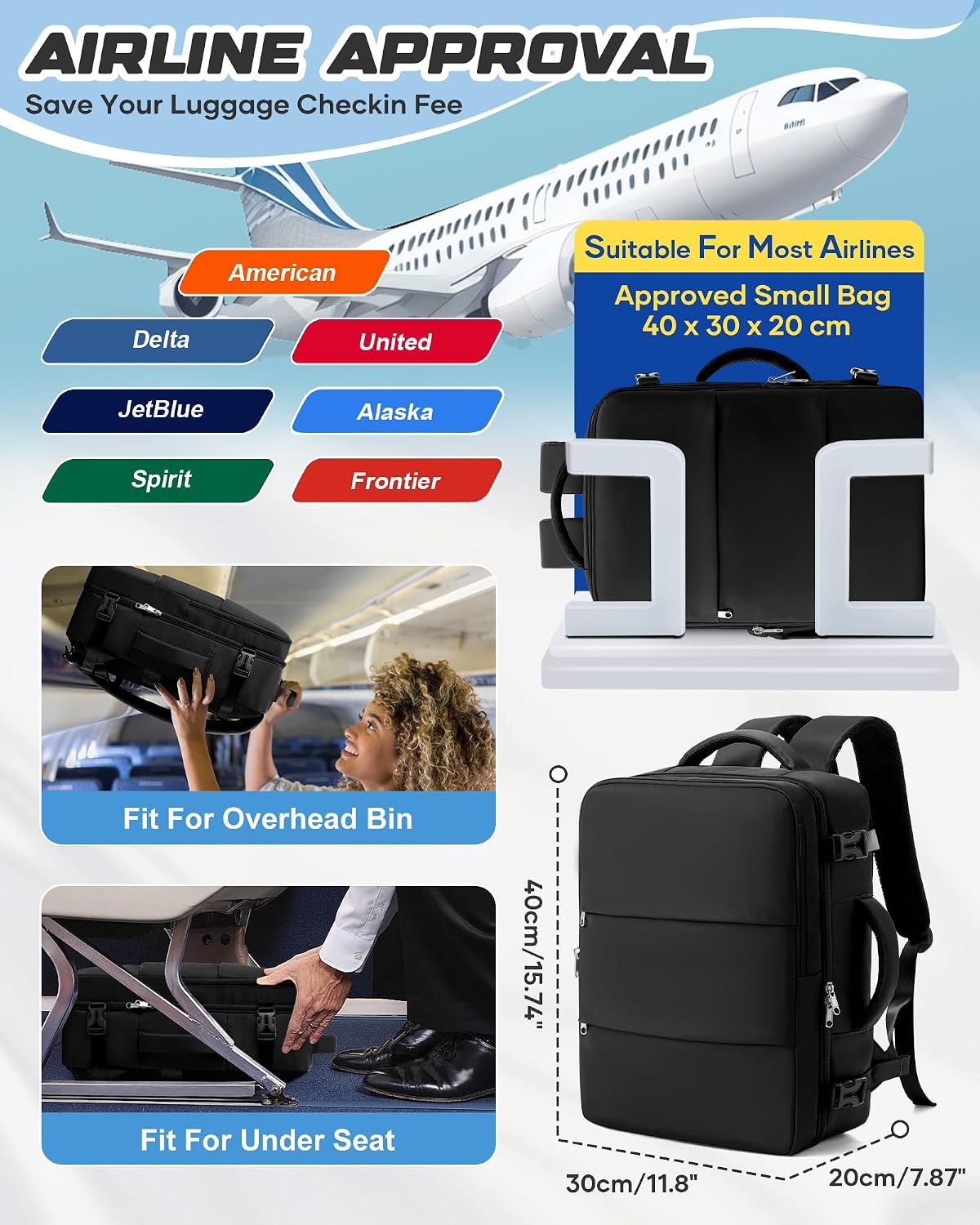 Travel Backpack for Women Men with Compression Vacuum Storage Bag & Electric Pump, Flight Approved Carry On Backpack, Frontier Spirit Airlines Personal Item Bag 18x14x8, Black