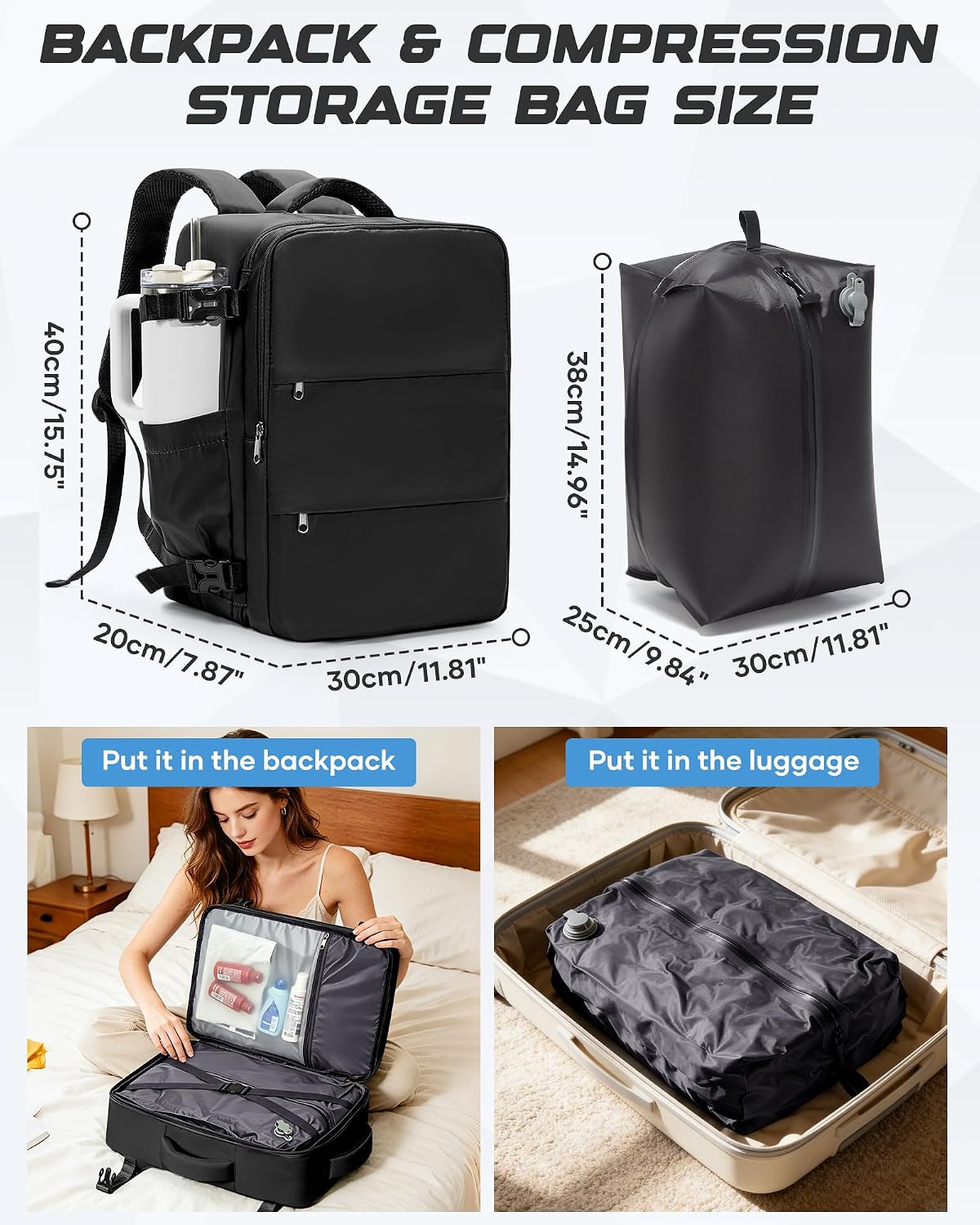 Travel Backpack for Women Men with Compression Vacuum Storage Bag & Electric Pump, Flight Approved Carry On Backpack, Frontier Spirit Airlines Personal Item Bag 18x14x8, Black