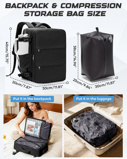 Travel Backpack for Women Men with Compression Vacuum Storage Bag & Electric Pump, Flight Approved Carry On Backpack, Frontier Spirit Airlines Personal Item Bag 18x14x8, Black