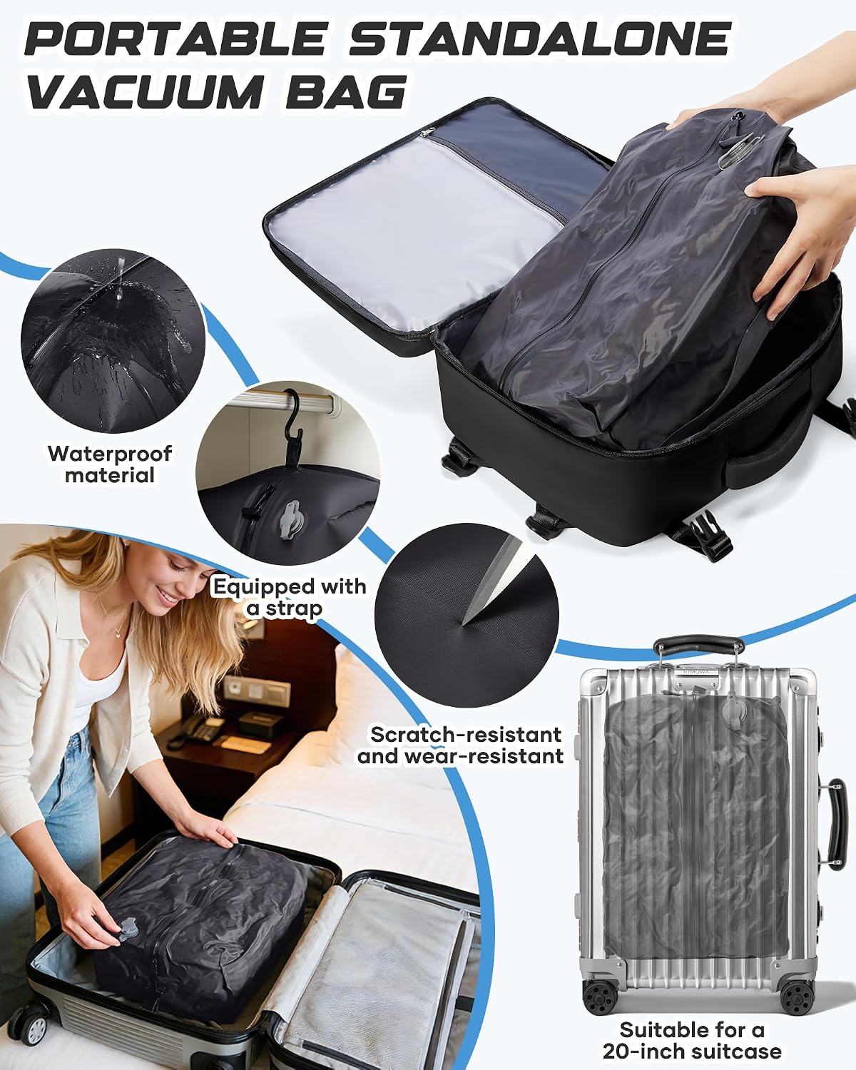 Travel Backpack for Women Men with Compression Vacuum Storage Bag & Electric Pump, Flight Approved Carry On Backpack, Frontier Spirit Airlines Personal Item Bag 18x14x8, Black