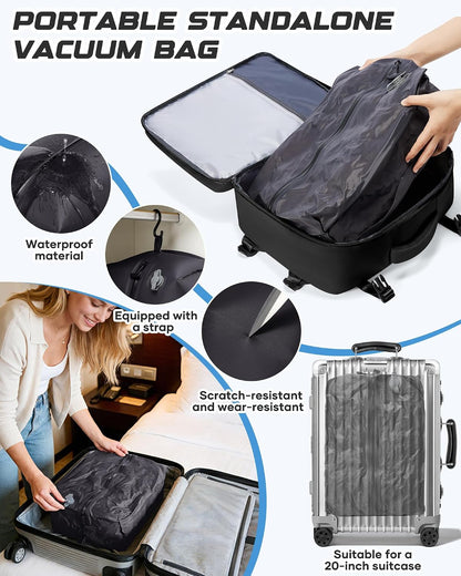 Travel Backpack for Women Men with Compression Vacuum Storage Bag & Electric Pump, Flight Approved Carry On Backpack, Frontier Spirit Airlines Personal Item Bag 18x14x8, Black