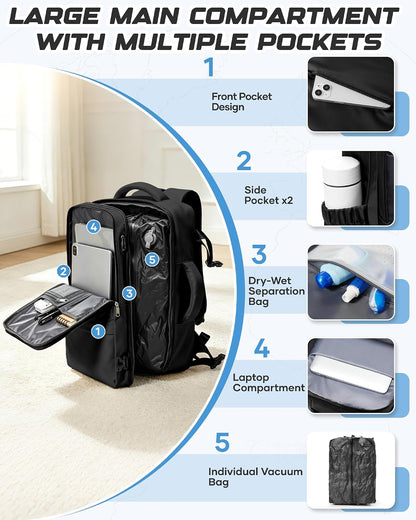 Travel Backpack for Women Men with Compression Vacuum Storage Bag & Electric Pump, Flight Approved Carry On Backpack, Frontier Spirit Airlines Personal Item Bag 18x14x8, Black