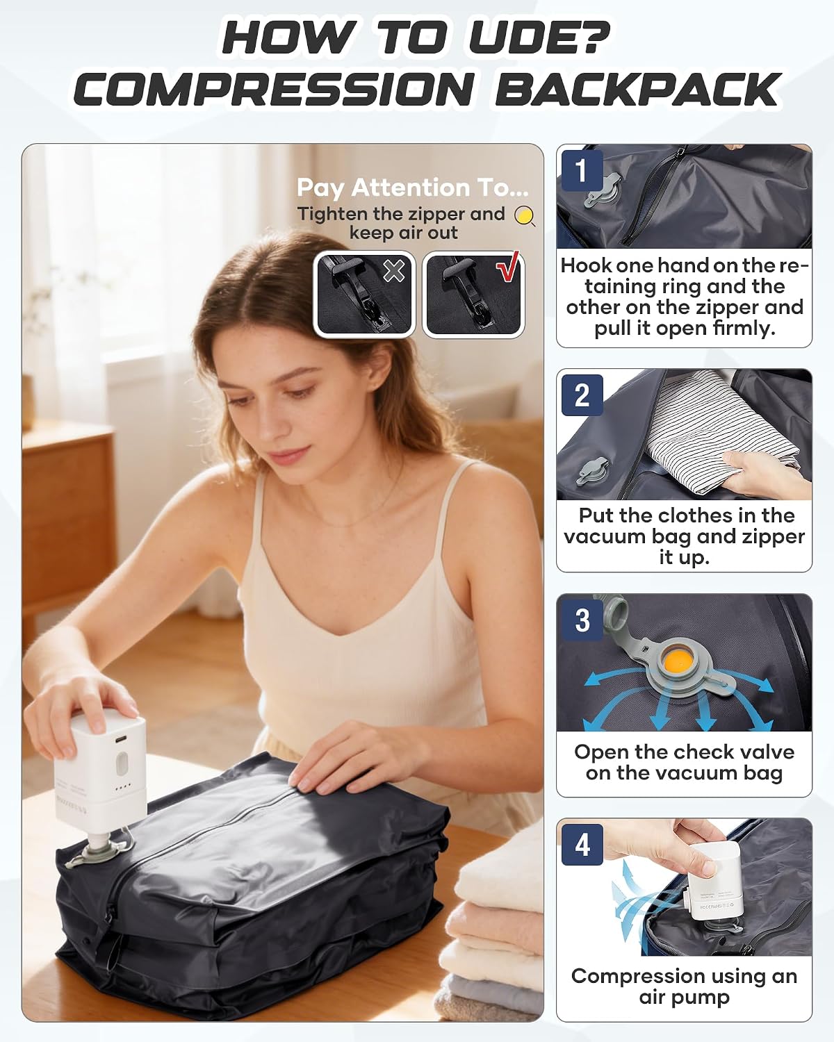 Travel Backpack for Women Men with Compression Vacuum Storage Bag & Electric Pump, Flight Approved Carry On Backpack, Frontier Spirit Airlines Personal Item Bag 18x14x8, Black