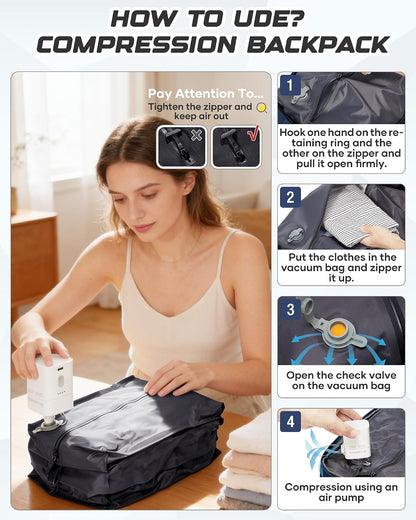 Travel Backpack for Women Men with Compression Vacuum Storage Bag & Electric Pump, Flight Approved Carry On Backpack, Frontier Spirit Airlines Personal Item Bag 18x14x8, Black