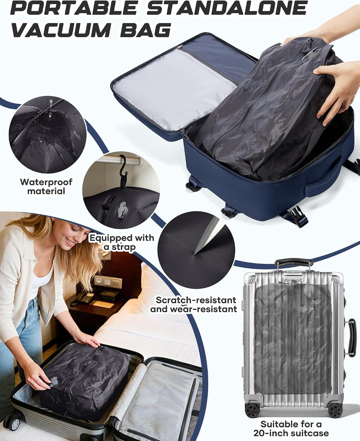 Travel Backpack for Women Men with Compression Vacuum Storage Bag & Electric Pump, Flight Approved Carry On Backpack, Frontier Spirit Airlines Personal Item Bag 18x14x8, Black