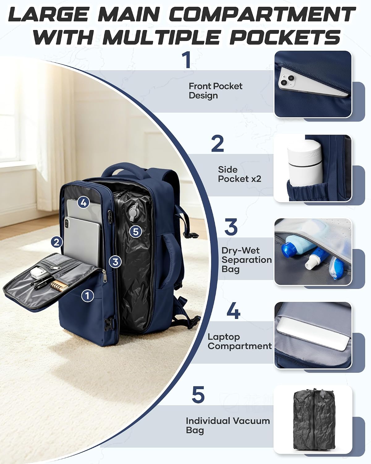 Travel Backpack for Women Men with Compression Vacuum Storage Bag & Electric Pump, Flight Approved Carry On Backpack, Frontier Spirit Airlines Personal Item Bag 18x14x8, Black