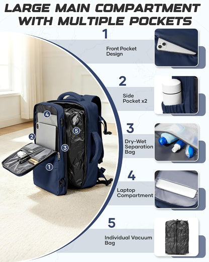 Travel Backpack for Women Men with Compression Vacuum Storage Bag & Electric Pump, Flight Approved Carry On Backpack, Frontier Spirit Airlines Personal Item Bag 18x14x8, Black