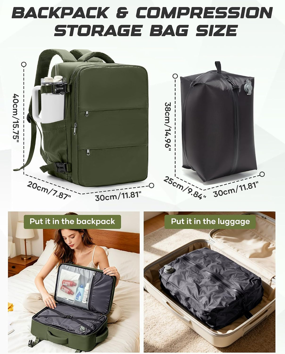Travel Backpack for Women Men with Compression Vacuum Storage Bag & Electric Pump, Flight Approved Carry On Backpack, Frontier Spirit Airlines Personal Item Bag 18x14x8, Black
