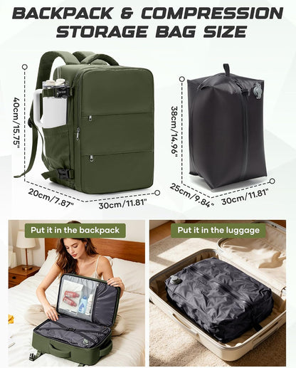 Travel Backpack for Women Men with Compression Vacuum Storage Bag & Electric Pump, Flight Approved Carry On Backpack, Frontier Spirit Airlines Personal Item Bag 18x14x8, Black