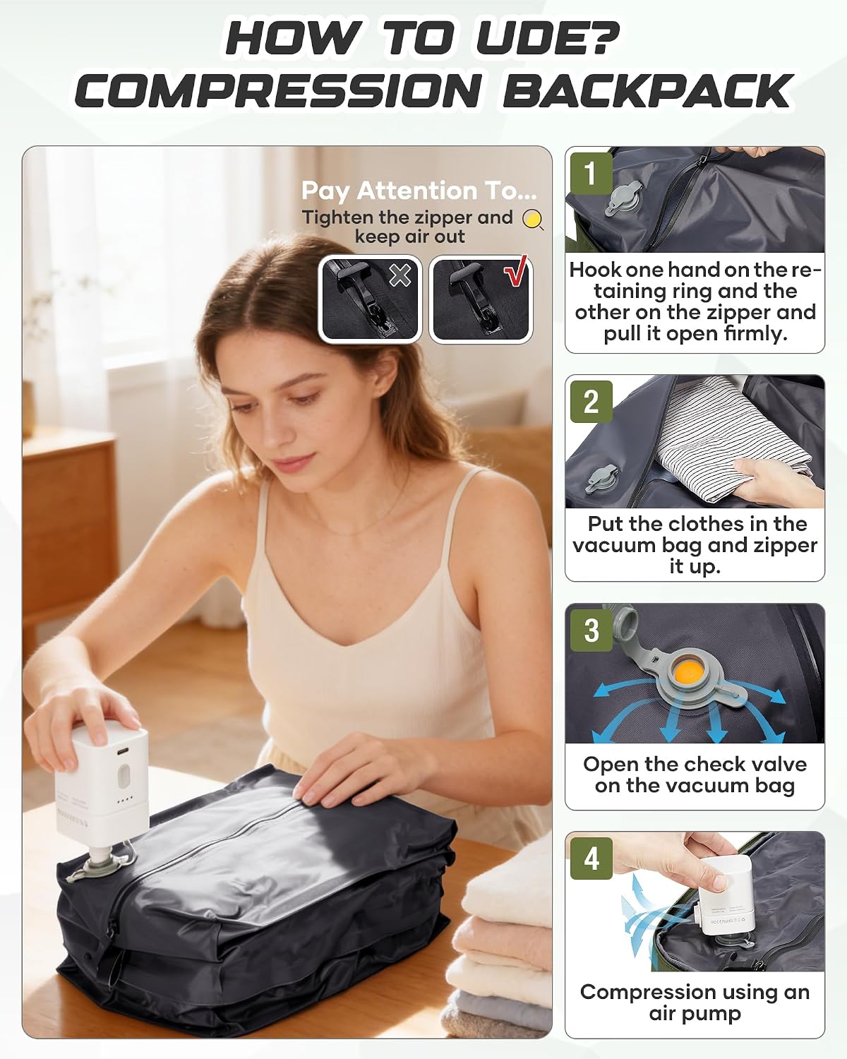 Travel Backpack for Women Men with Compression Vacuum Storage Bag & Electric Pump, Flight Approved Carry On Backpack, Frontier Spirit Airlines Personal Item Bag 18x14x8, Black
