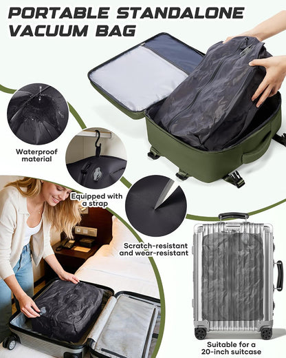 Travel Backpack for Women Men with Compression Vacuum Storage Bag & Electric Pump, Flight Approved Carry On Backpack, Frontier Spirit Airlines Personal Item Bag 18x14x8, Black
