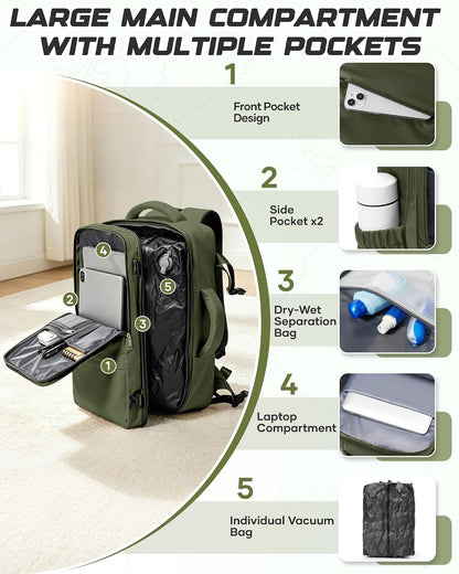 Travel Backpack for Women Men with Compression Vacuum Storage Bag & Electric Pump, Flight Approved Carry On Backpack, Frontier Spirit Airlines Personal Item Bag 18x14x8, Black