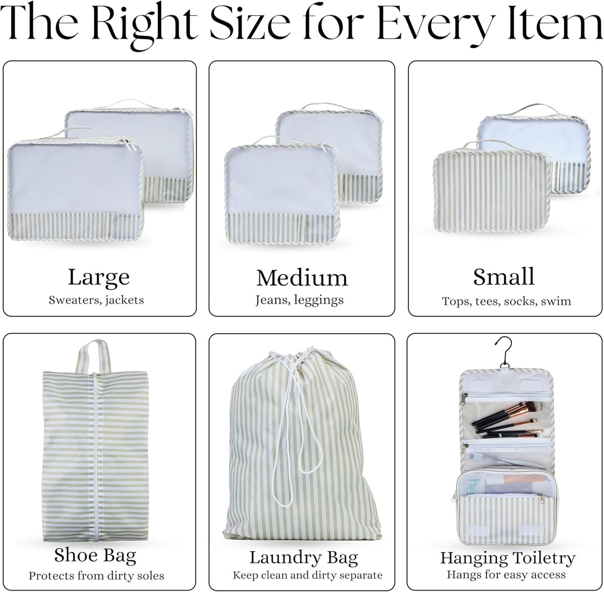 Packing Cubes Set – Cute Packing Cubes for Travel, Luggage Organizer Bags for Suitcase, For Kids & Family, Floral, Neutral & Aesthetic Travel Organizer Set -Stripe