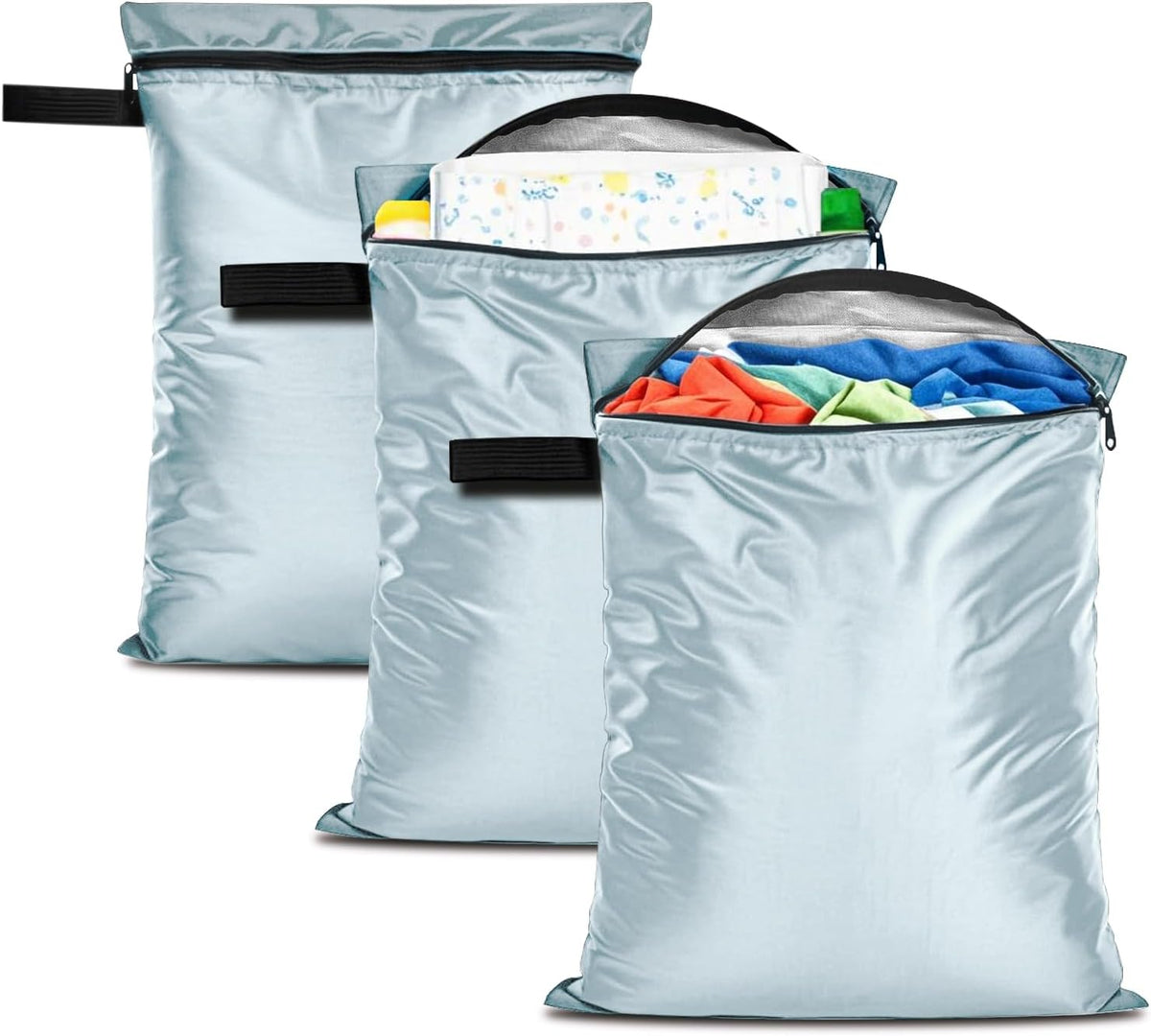 3Pack Wet Dry Bags for Swimsuits and Towels,Waterproof Reusable,Zipper | Wet Bags for Baby Diapers,Durable Oxford Cloth,Bathing Swimming Wet Clothes Bag for Travel Beach, with Handles,Blue