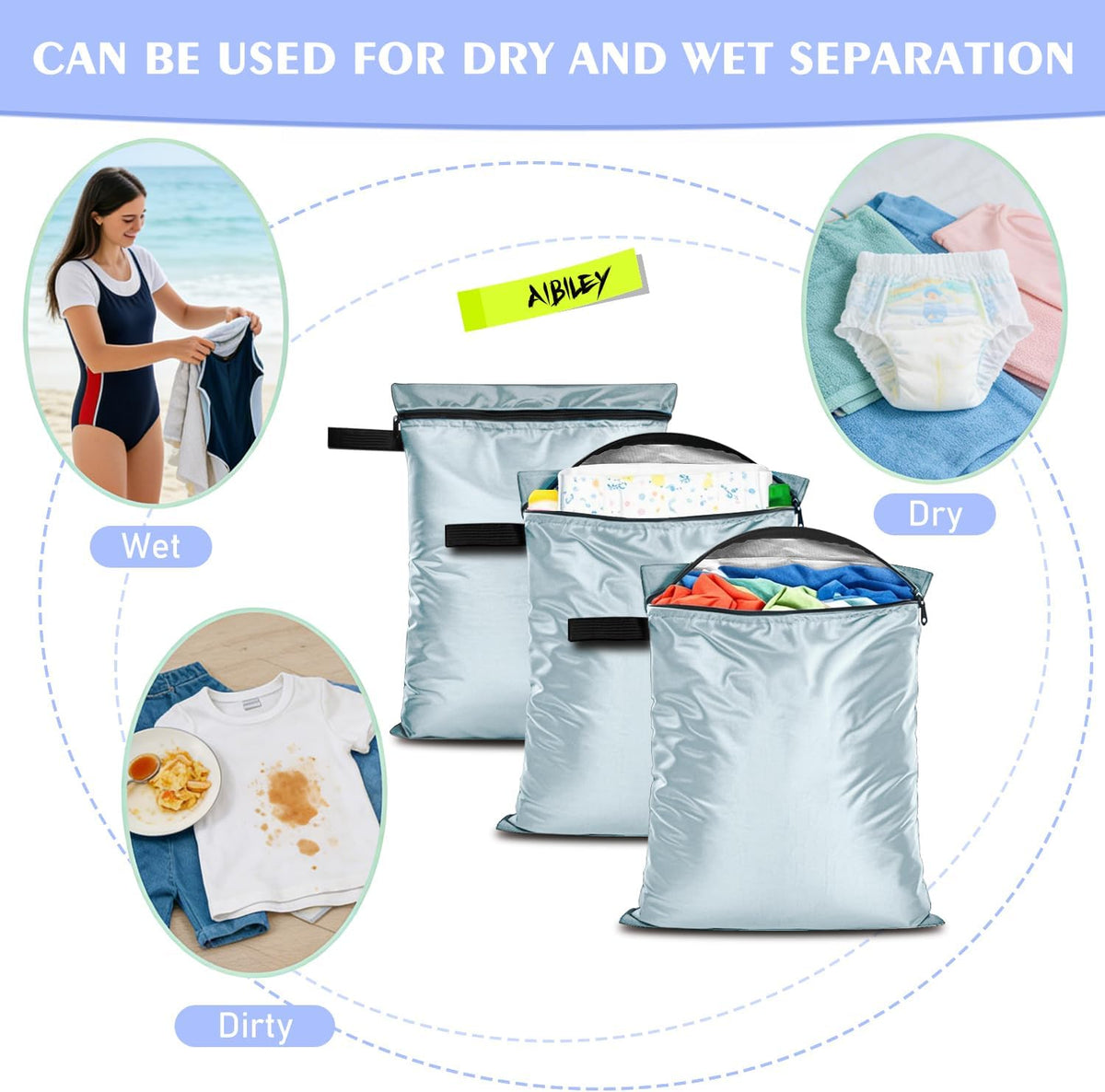 3Pack Wet Dry Bags for Swimsuits and Towels,Waterproof Reusable,Zipper | Wet Bags for Baby Diapers,Durable Oxford Cloth,Bathing Swimming Wet Clothes Bag for Travel Beach, with Handles,Blue
