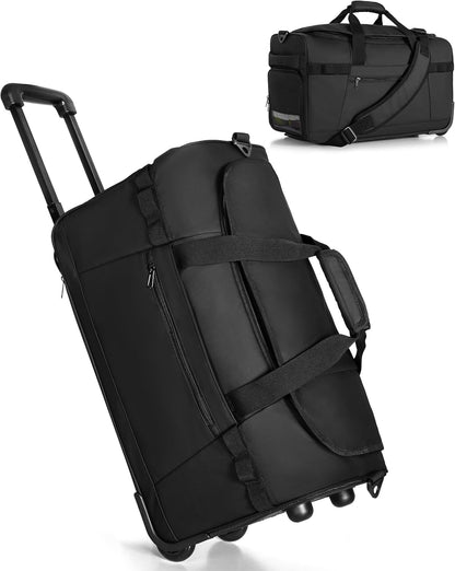 33L Rolling Duffle Bag with Wheels, Shoe Compartment and Wet Pocket, 21” Carry On Bag with Crossbody Strap, Black