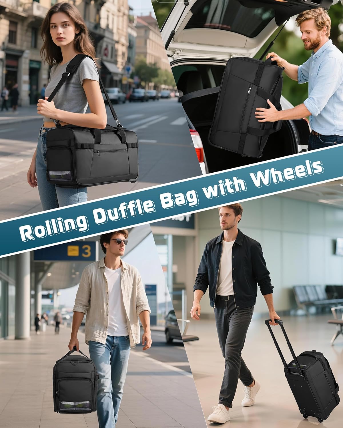 33L Rolling Duffle Bag with Wheels, Shoe Compartment and Wet Pocket, 21” Carry On Bag with Crossbody Strap, Black