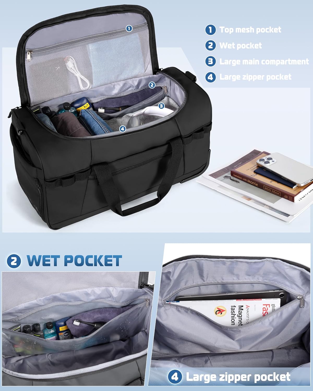 33L Rolling Duffle Bag with Wheels, Shoe Compartment and Wet Pocket, 21” Carry On Bag with Crossbody Strap, Black