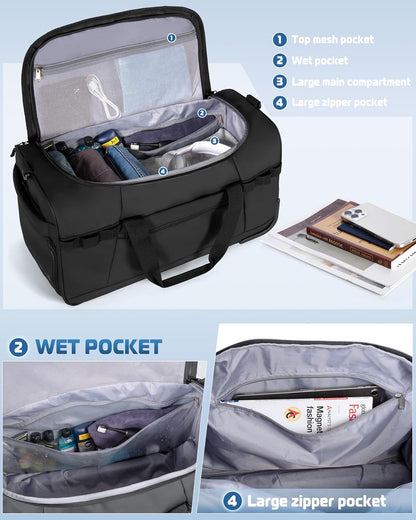 33L Rolling Duffle Bag with Wheels, Shoe Compartment and Wet Pocket, 21” Carry On Bag with Crossbody Strap, Black