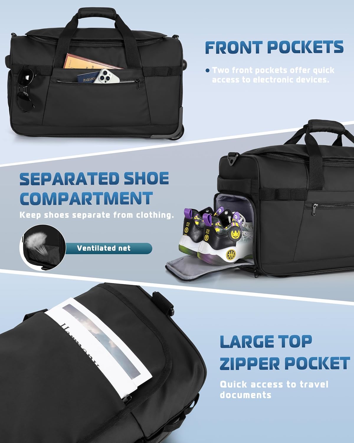 33L Rolling Duffle Bag with Wheels, Shoe Compartment and Wet Pocket, 21” Carry On Bag with Crossbody Strap, Black
