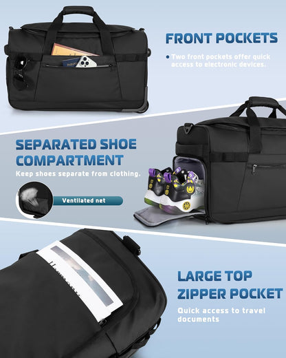 33L Rolling Duffle Bag with Wheels, Shoe Compartment and Wet Pocket, 21” Carry On Bag with Crossbody Strap, Black