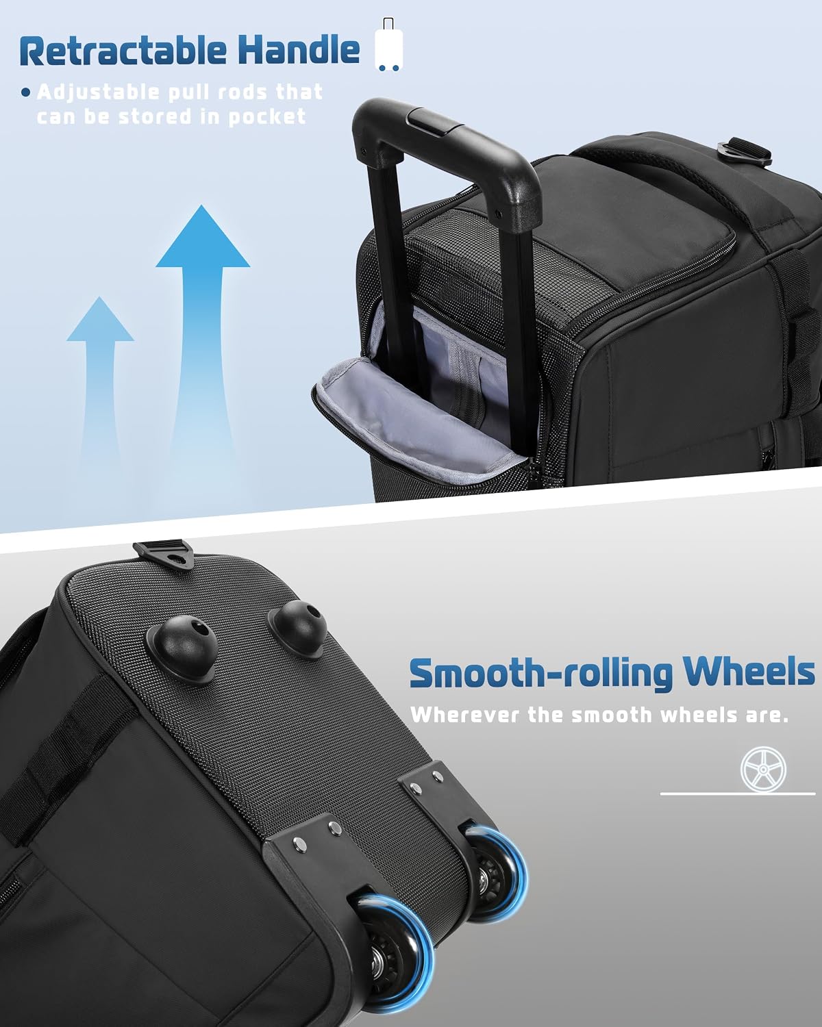 33L Rolling Duffle Bag with Wheels, Shoe Compartment and Wet Pocket, 21” Carry On Bag with Crossbody Strap, Black