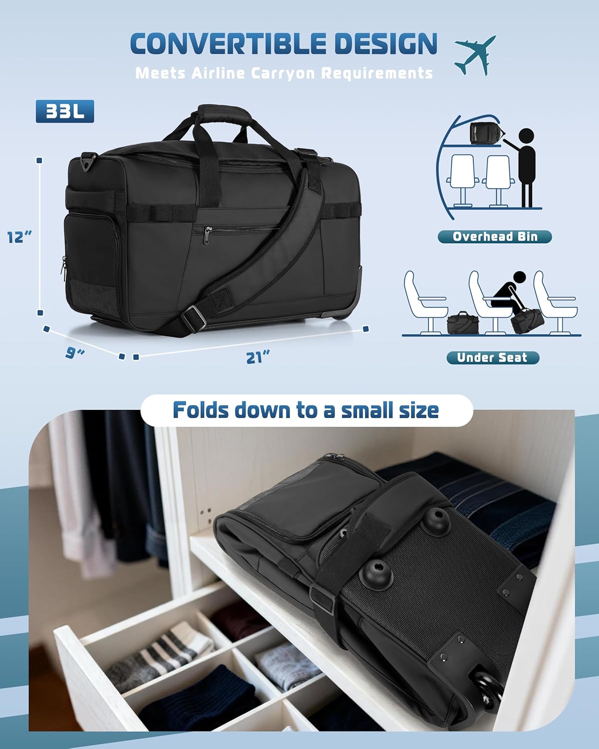 33L Rolling Duffle Bag with Wheels, Shoe Compartment and Wet Pocket, 21” Carry On Bag with Crossbody Strap, Black