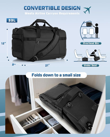 33L Rolling Duffle Bag with Wheels, Shoe Compartment and Wet Pocket, 21” Carry On Bag with Crossbody Strap, Black
