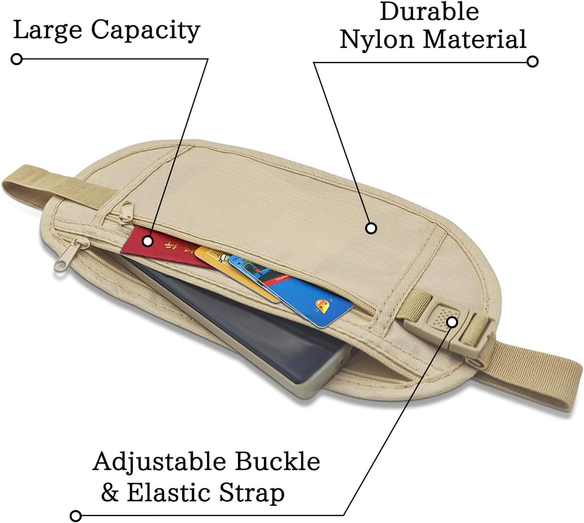 Money Belt, Nylon Fanny Pack Hidden Belt Bag with RFID Blocking for Women Men, Anti-theft Waist Pack Under Clothes with Adjustable Buckle for Travel, Running, Hiking, Cycling (khaki)