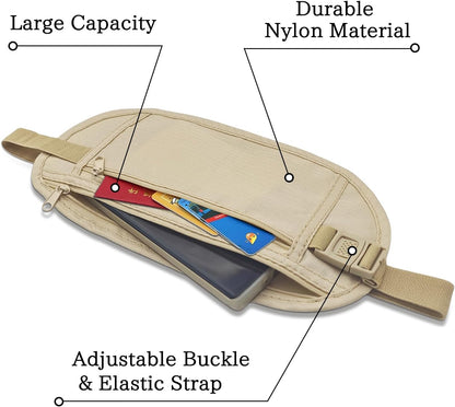 Money Belt, Nylon Fanny Pack Hidden Belt Bag with RFID Blocking for Women Men, Anti-theft Waist Pack Under Clothes with Adjustable Buckle for Travel, Running, Hiking, Cycling (khaki)