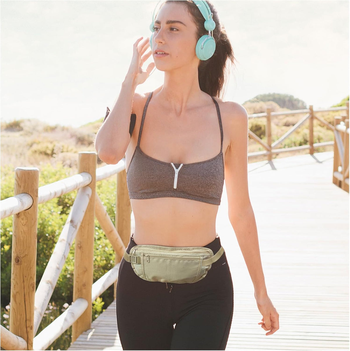 Money Belt, Nylon Fanny Pack Hidden Belt Bag with RFID Blocking for Women Men, Anti-theft Waist Pack Under Clothes with Adjustable Buckle for Travel, Running, Hiking, Cycling (khaki)